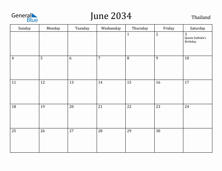 June 2034 Calendar Thailand