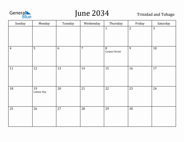 June 2034 Calendar Trinidad and Tobago