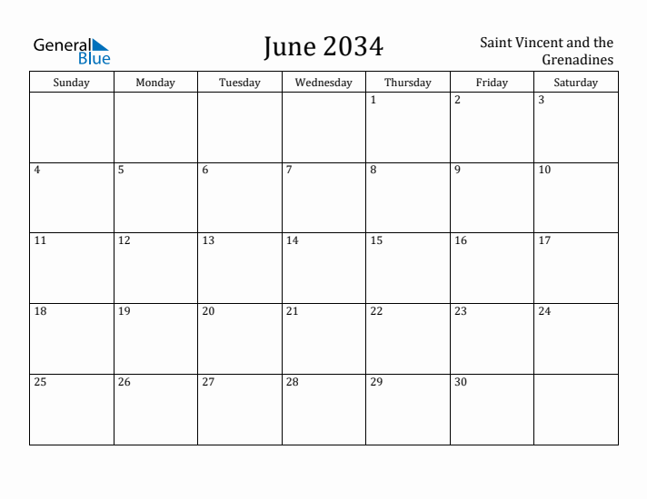 June 2034 Calendar Saint Vincent and the Grenadines