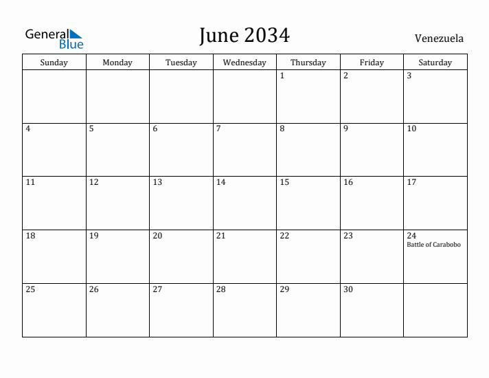 June 2034 Calendar Venezuela