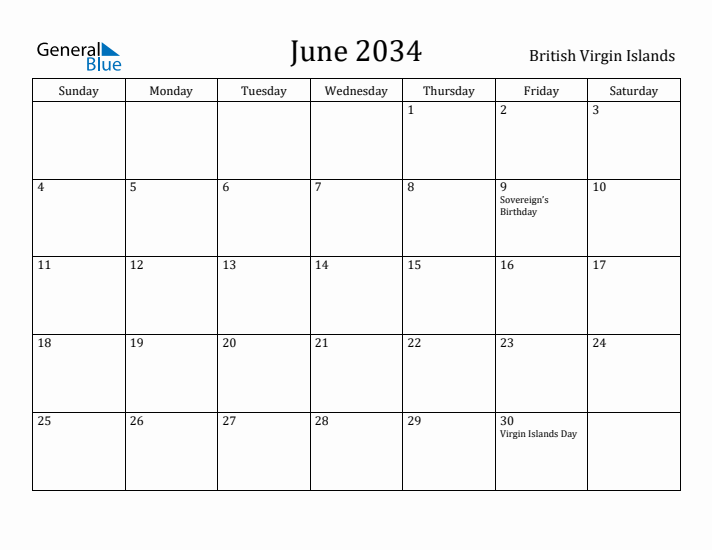 June 2034 Calendar British Virgin Islands