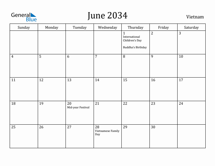 June 2034 Calendar Vietnam