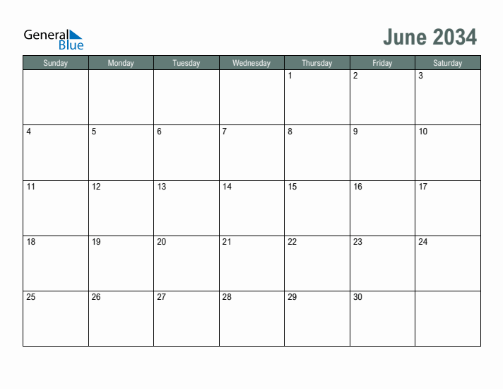 Free Printable June 2034 Calendar