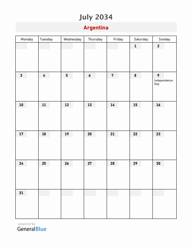 Argentina July 2034 Calendar with Holidays