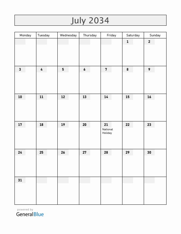 Belgium July 2034 Calendar with Holidays