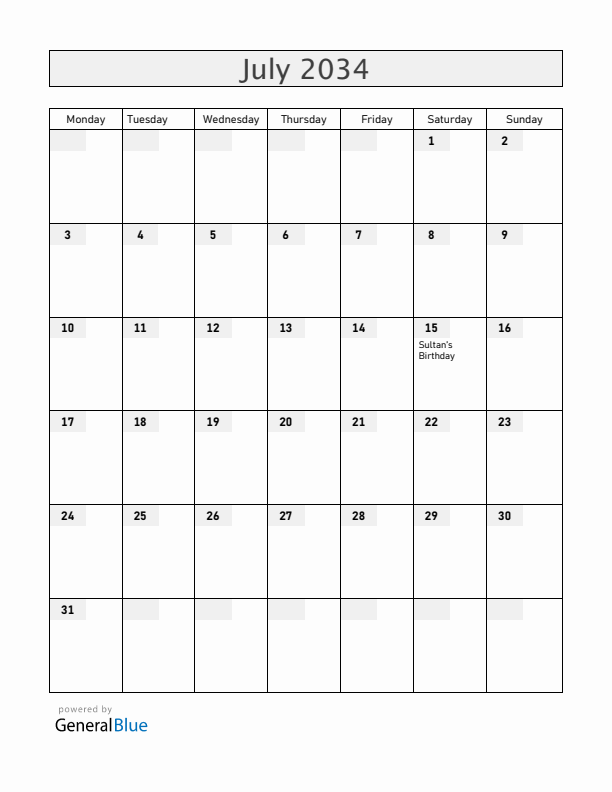 Brunei July 2034 Calendar with Holidays