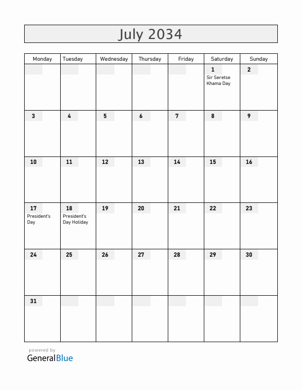 Botswana July 2034 Calendar with Holidays