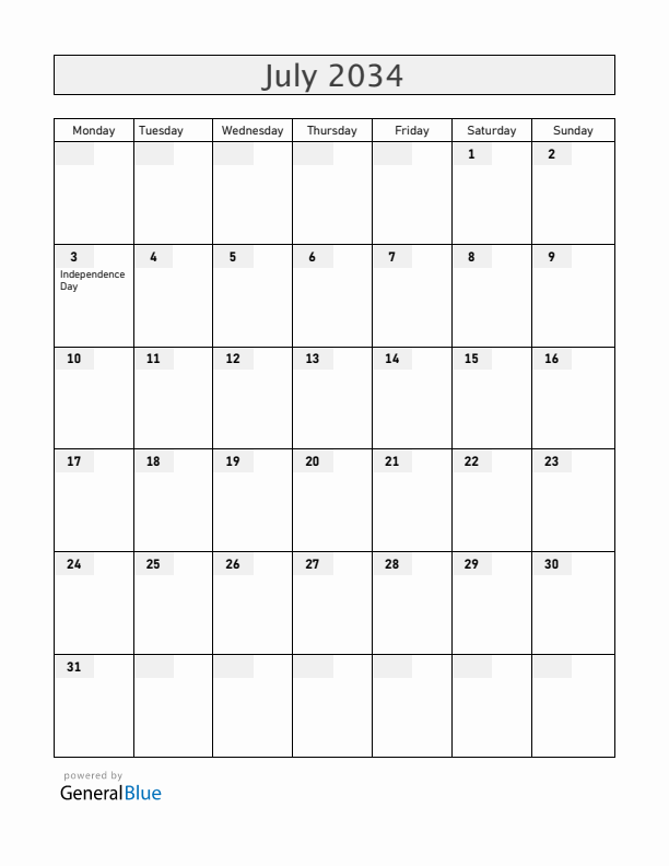 Belarus July 2034 Calendar with Holidays