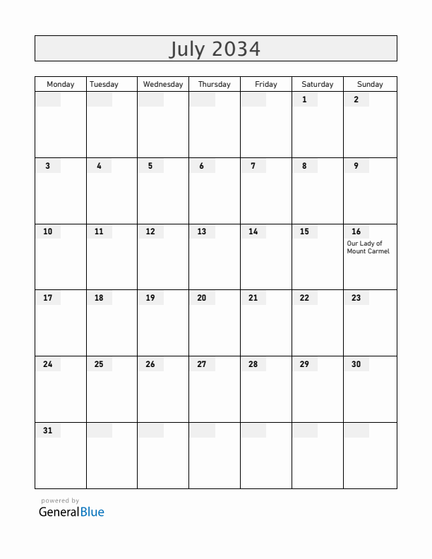 Chile July 2034 Calendar with Holidays
