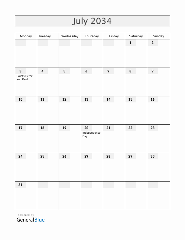 Colombia July 2034 Calendar with Holidays