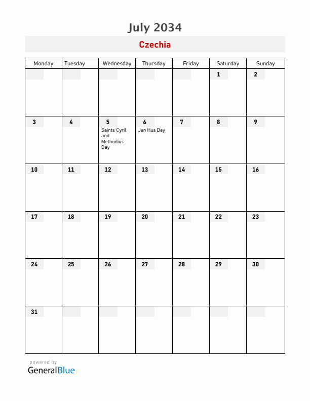 Czechia July 2034 Calendar with Holidays