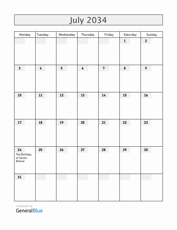 Ecuador July 2034 Calendar with Holidays