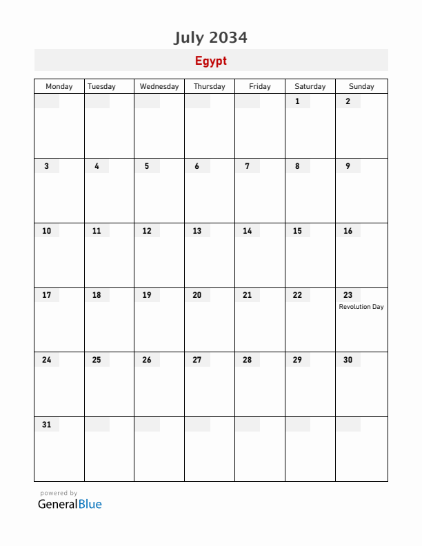 Egypt July 2034 Calendar with Holidays