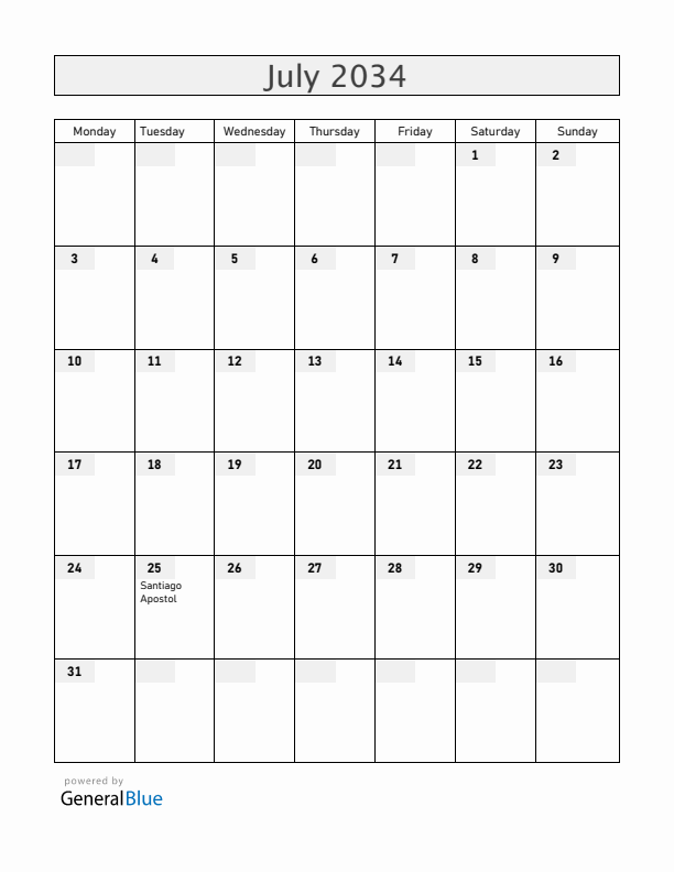 Spain July 2034 Calendar with Holidays