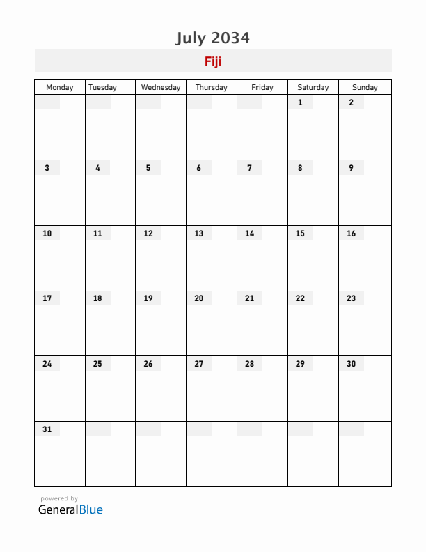 Fiji July 2034 Calendar with Holidays