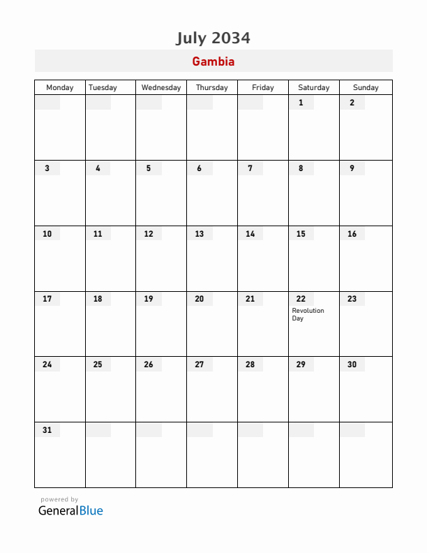 Gambia July 2034 Calendar with Holidays