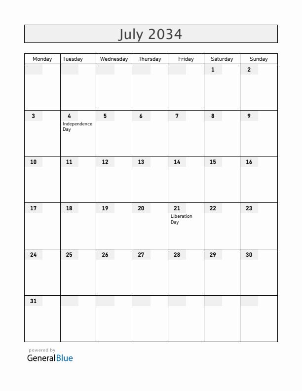 Guam July 2034 Calendar with Holidays