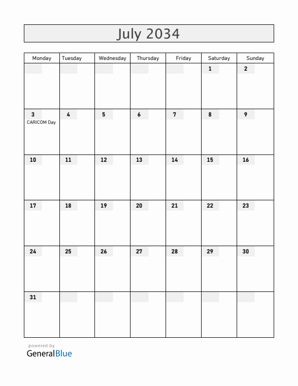 Guyana July 2034 Calendar with Holidays