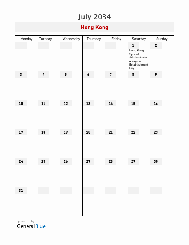 Hong Kong July 2034 Calendar with Holidays