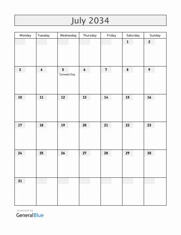 Isle of Man July 2034 Calendar with Holidays