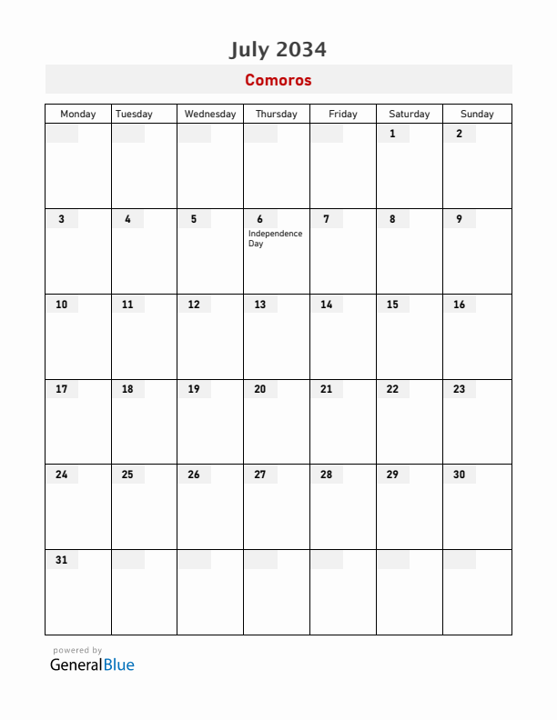 Comoros July 2034 Calendar with Holidays