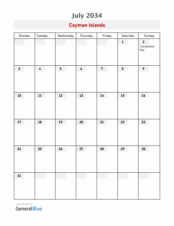 Cayman Islands July 2034 Calendar with Holidays