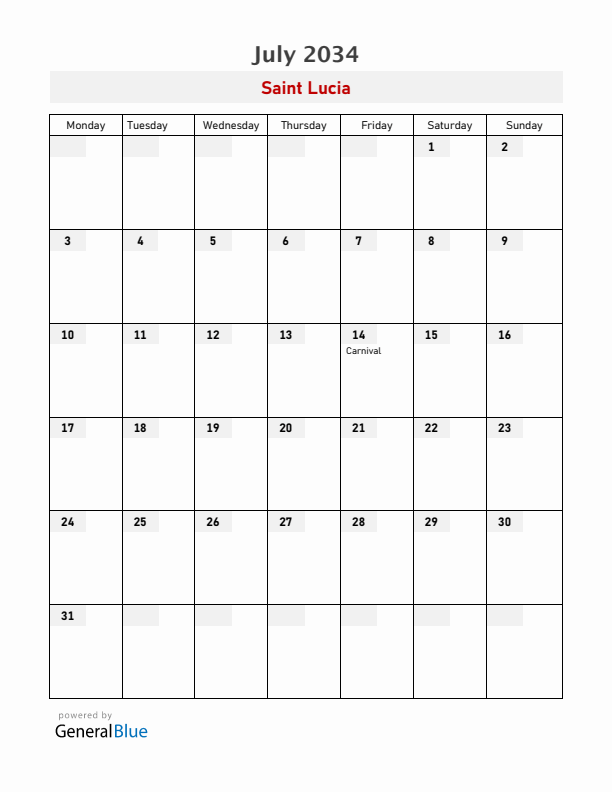 Saint Lucia July 2034 Calendar with Holidays