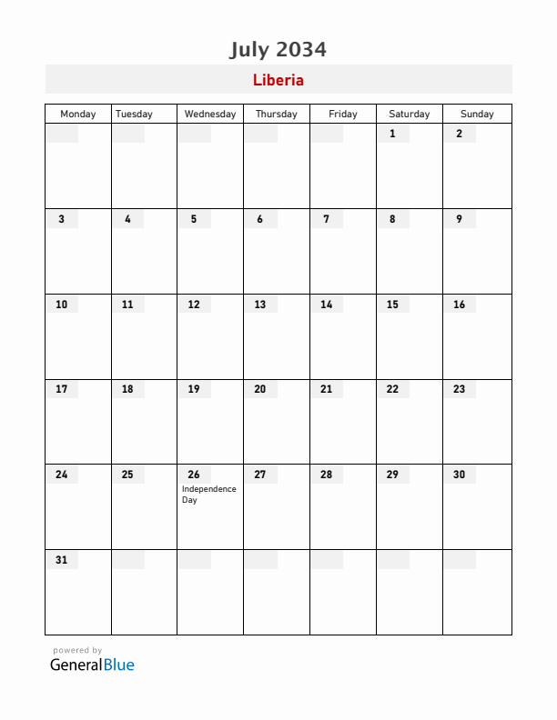 Liberia July 2034 Calendar with Holidays