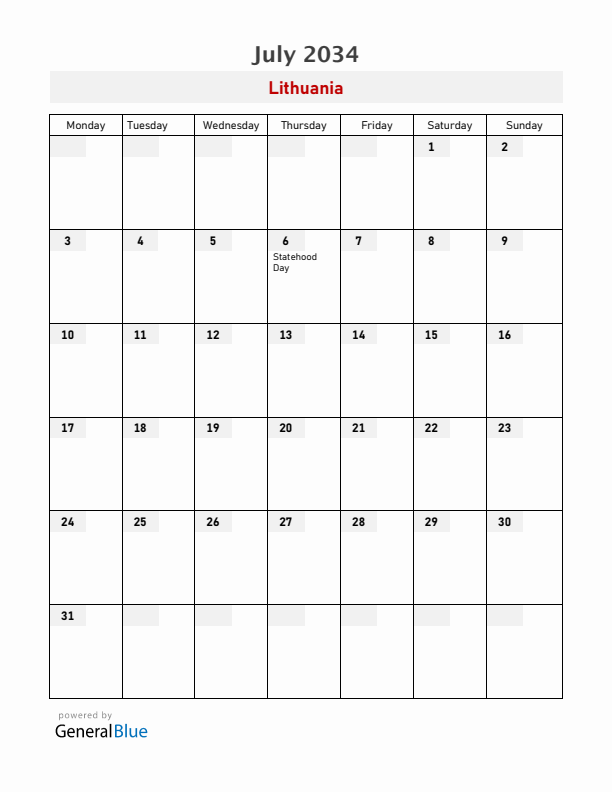 Lithuania July 2034 Calendar with Holidays