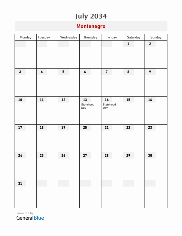 Montenegro July 2034 Calendar with Holidays