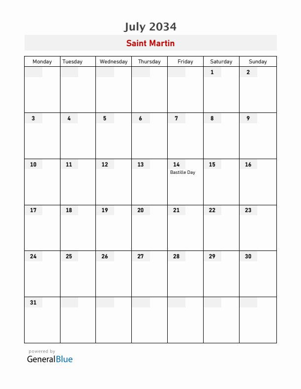 Saint Martin July 2034 Calendar with Holidays