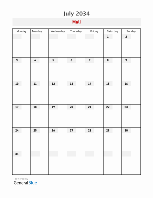 Mali July 2034 Calendar with Holidays