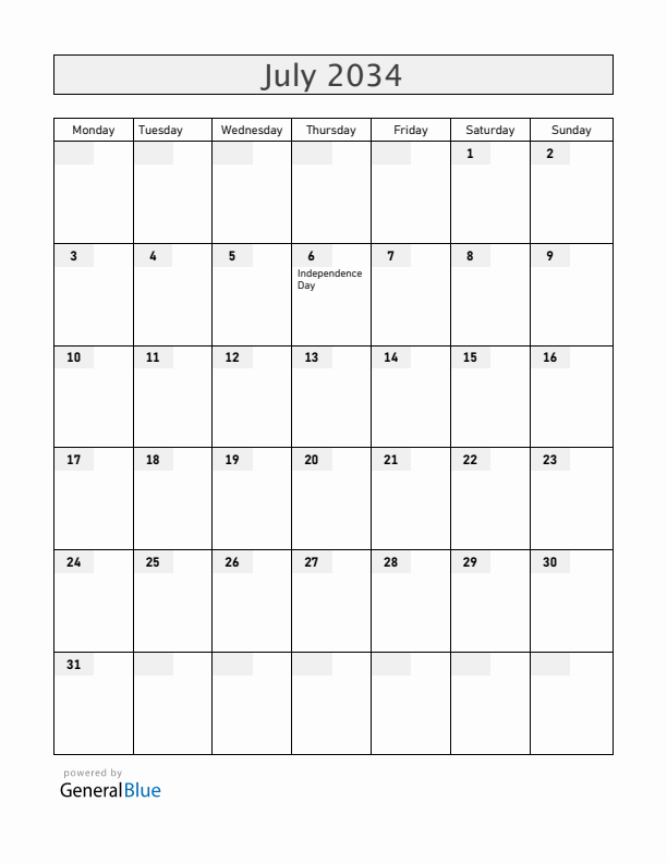 Malawi July 2034 Calendar with Holidays