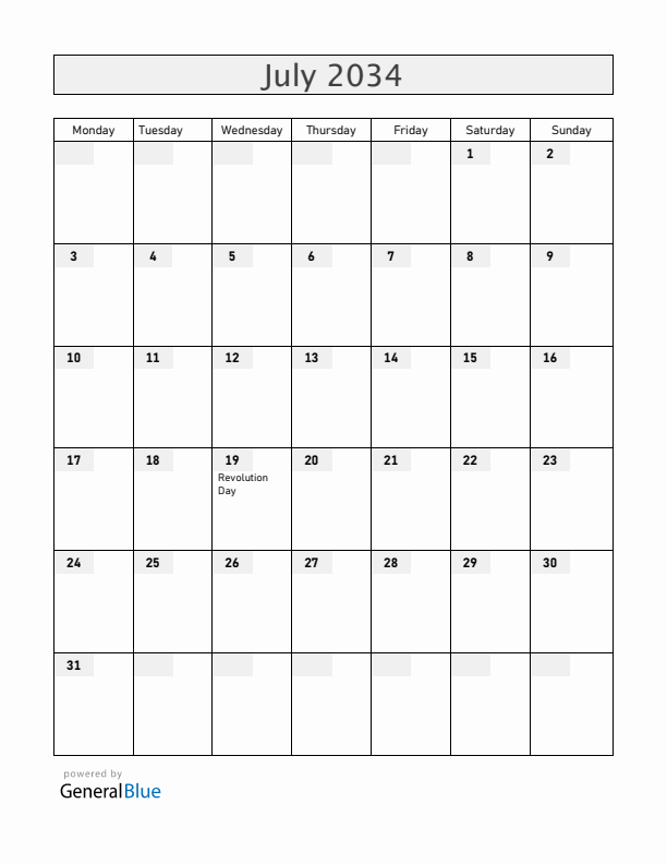 Nicaragua July 2034 Calendar with Holidays