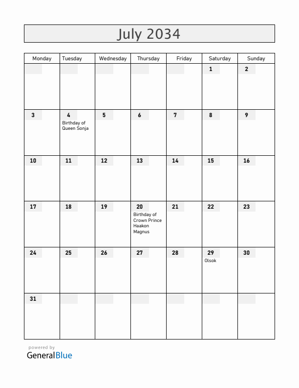 Norway July 2034 Calendar with Holidays