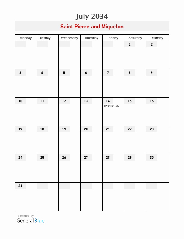 Saint Pierre and Miquelon July 2034 Calendar with Holidays