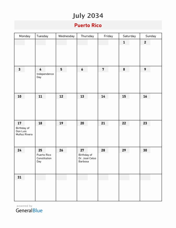 Puerto Rico July 2034 Calendar with Holidays