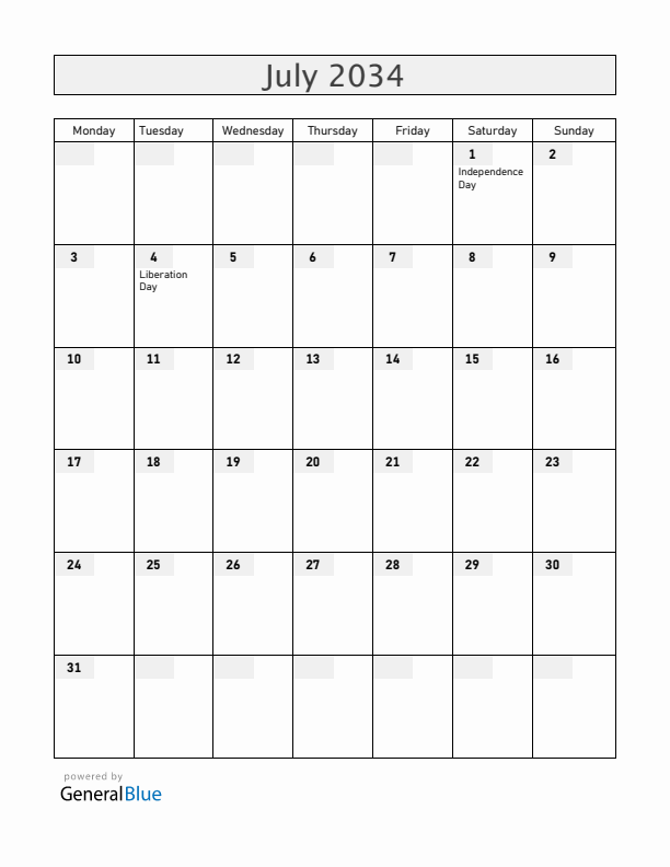 Rwanda July 2034 Calendar with Holidays