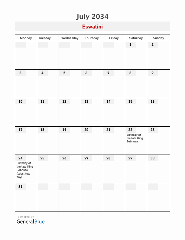 Eswatini July 2034 Calendar with Holidays