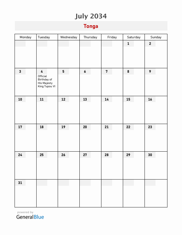 Tonga July 2034 Calendar with Holidays