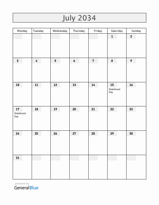 Ukraine July 2034 Calendar with Holidays