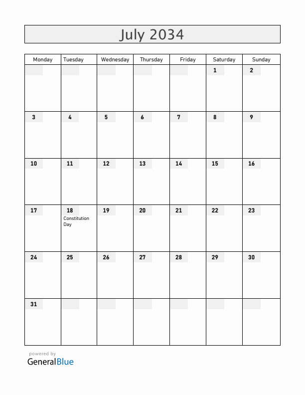 Uruguay July 2034 Calendar with Holidays