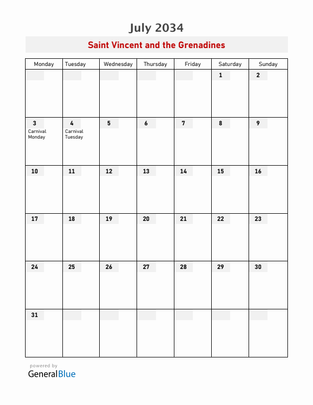 Saint Vincent and the Grenadines July 2034 Calendar with Holidays