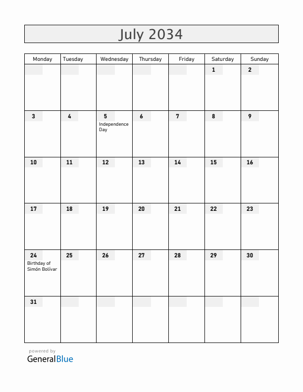 Venezuela July 2034 Calendar with Holidays
