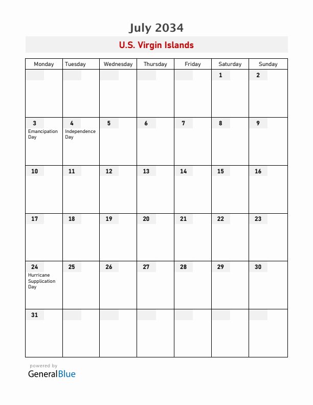 U.S. Virgin Islands July 2034 Calendar with Holidays
