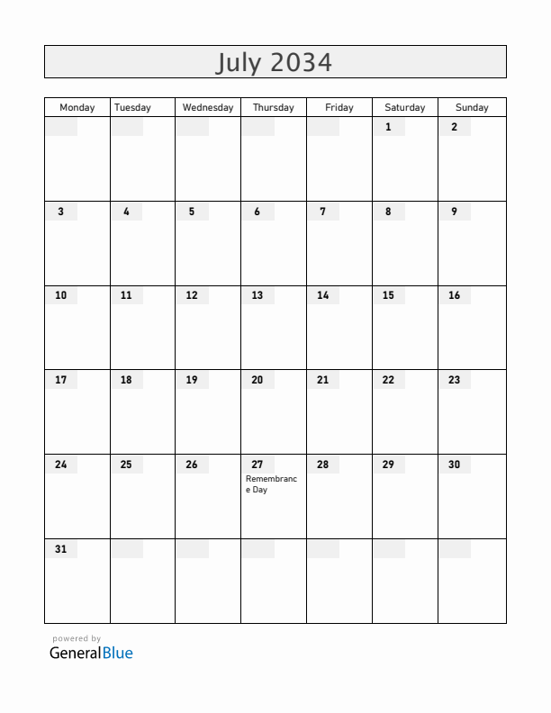 Vietnam July 2034 Calendar with Holidays