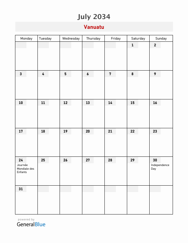 Vanuatu July 2034 Calendar with Holidays