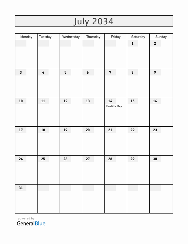 Mayotte July 2034 Calendar with Holidays