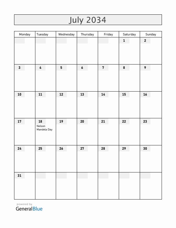 South Africa July 2034 Calendar with Holidays