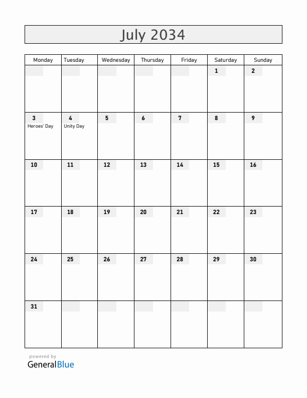 Zambia July 2034 Calendar with Holidays